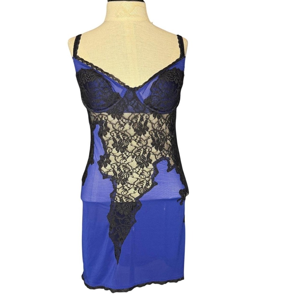 VTG Frederick's of Hollywood Cobalt Blue Lace Mesh Chemise Nightie Medium Y2K